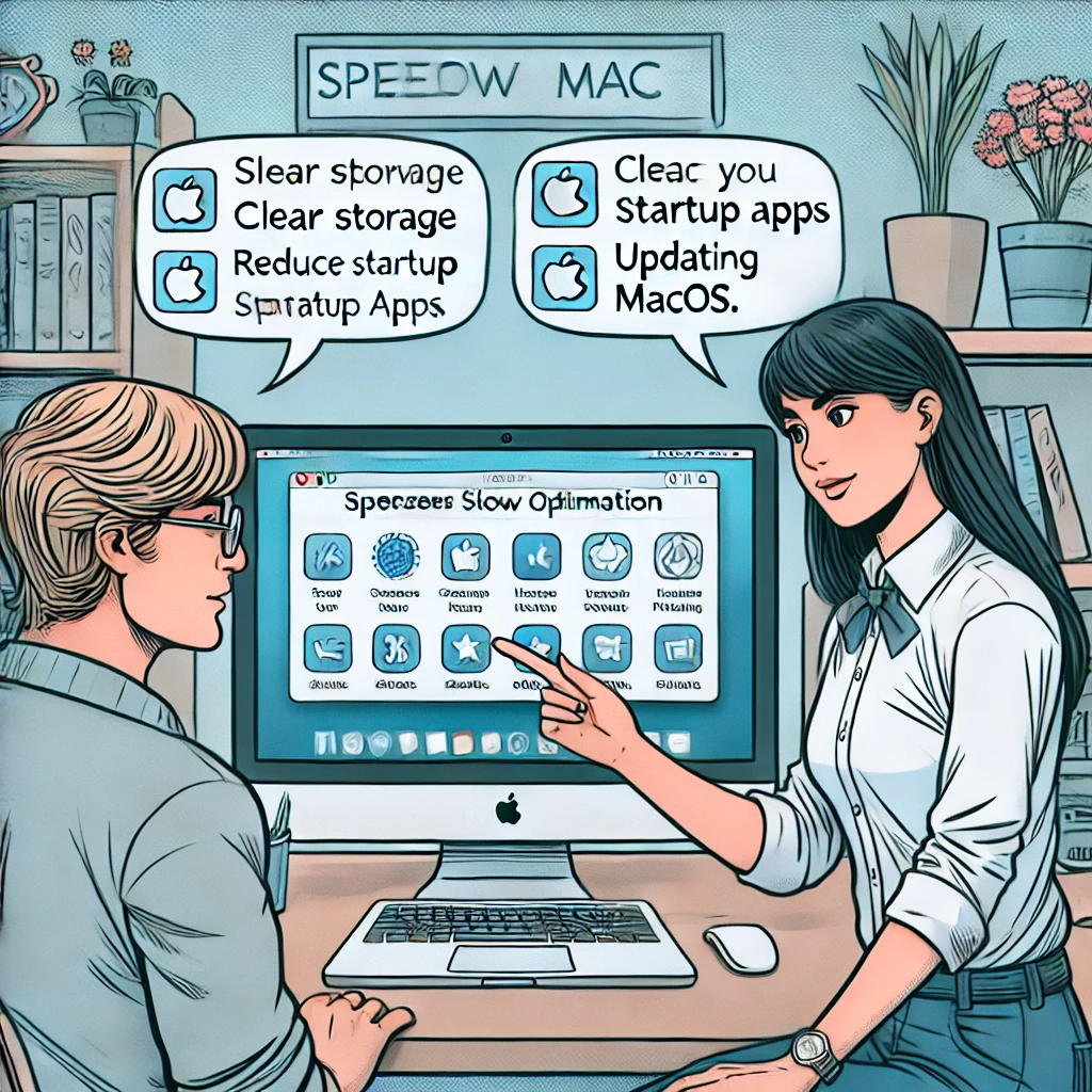 Technicien informatique expliquant comment accélérer un Mac lent avec des options d'optimisation