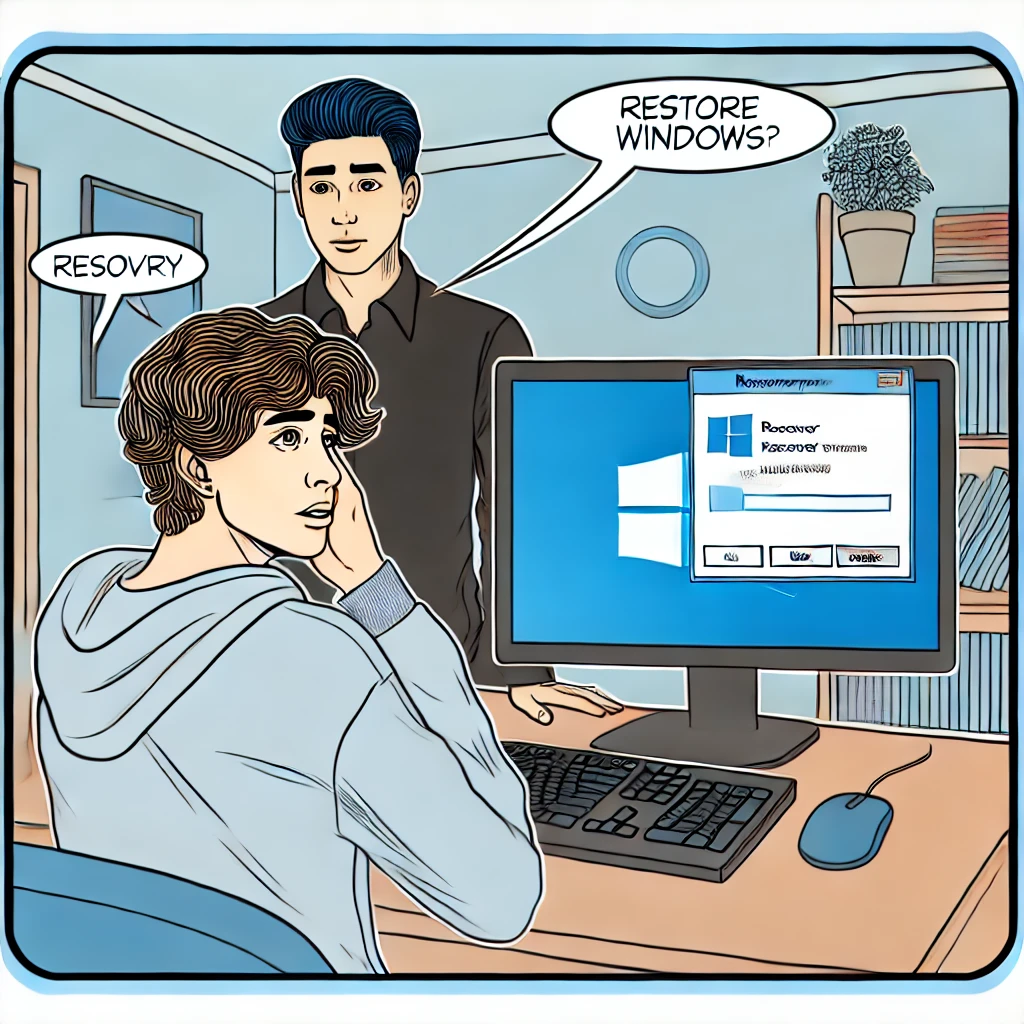 Technicien informatique aidant un utilisateur à restaurer Windows avec des options de récupération sur l'écran