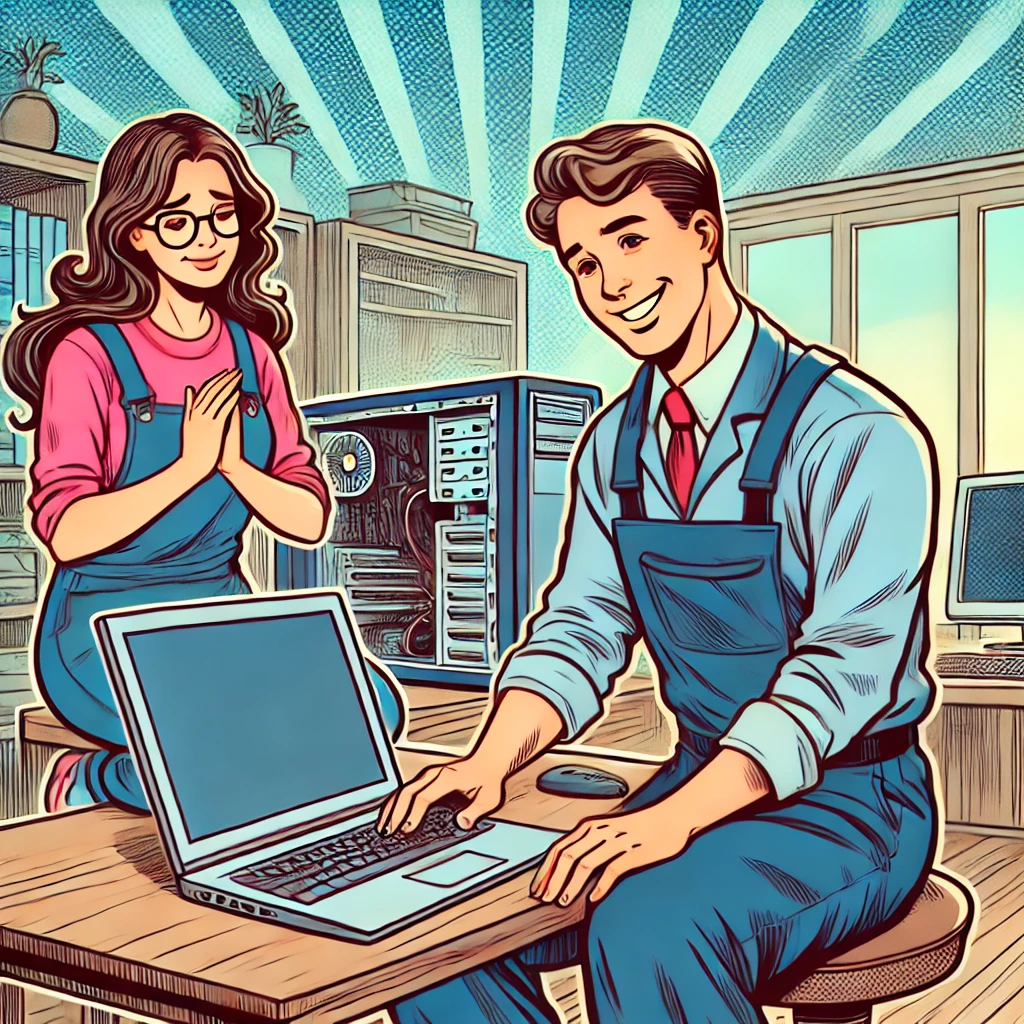 Technicien informatique assistant un client pour récupérer ses fichiers