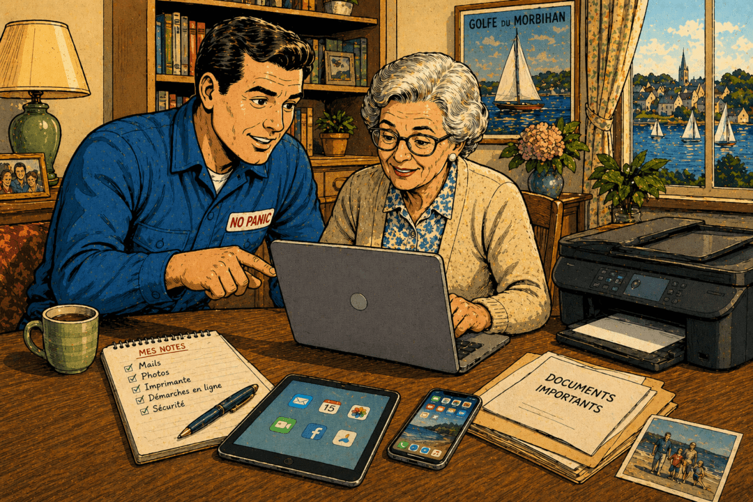 Aide informatique senior à domicile à Vannes avec un technicien expliquant l’ordinateur simplement