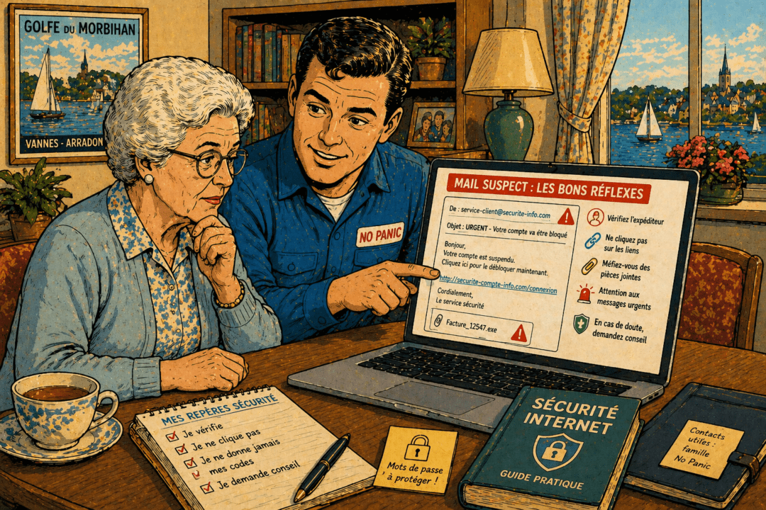Senior accompagné pour reconnaître un mail frauduleux et éviter les arnaques en ligne.