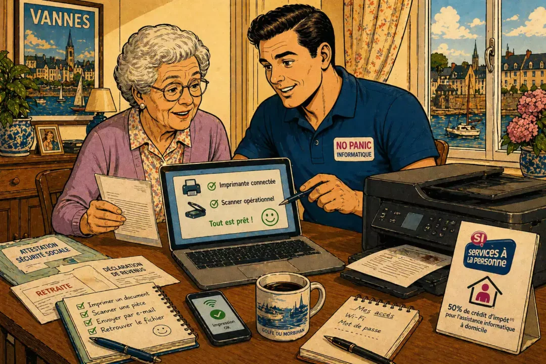 Assistance informatique senior à domicile pour imprimante, scanner et service à la personne près de Vannes.