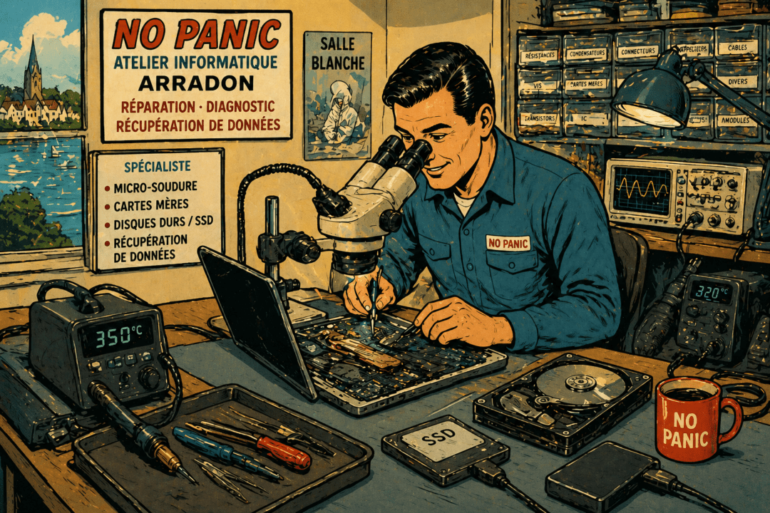 Diagnostic d’un ordinateur portable en atelier informatique à Arradon près de Vannes.