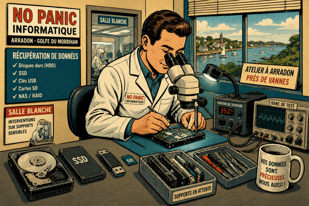 Atelier informatique à Arradon pour diagnostic de disque dur et récupération de données près de Vannes.