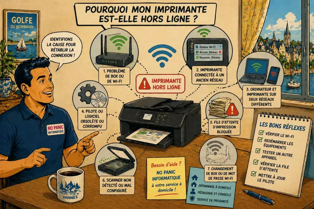Causes fréquentes d’une imprimante hors ligne : Wi-Fi, box, pilote, scanner et file d’attente.