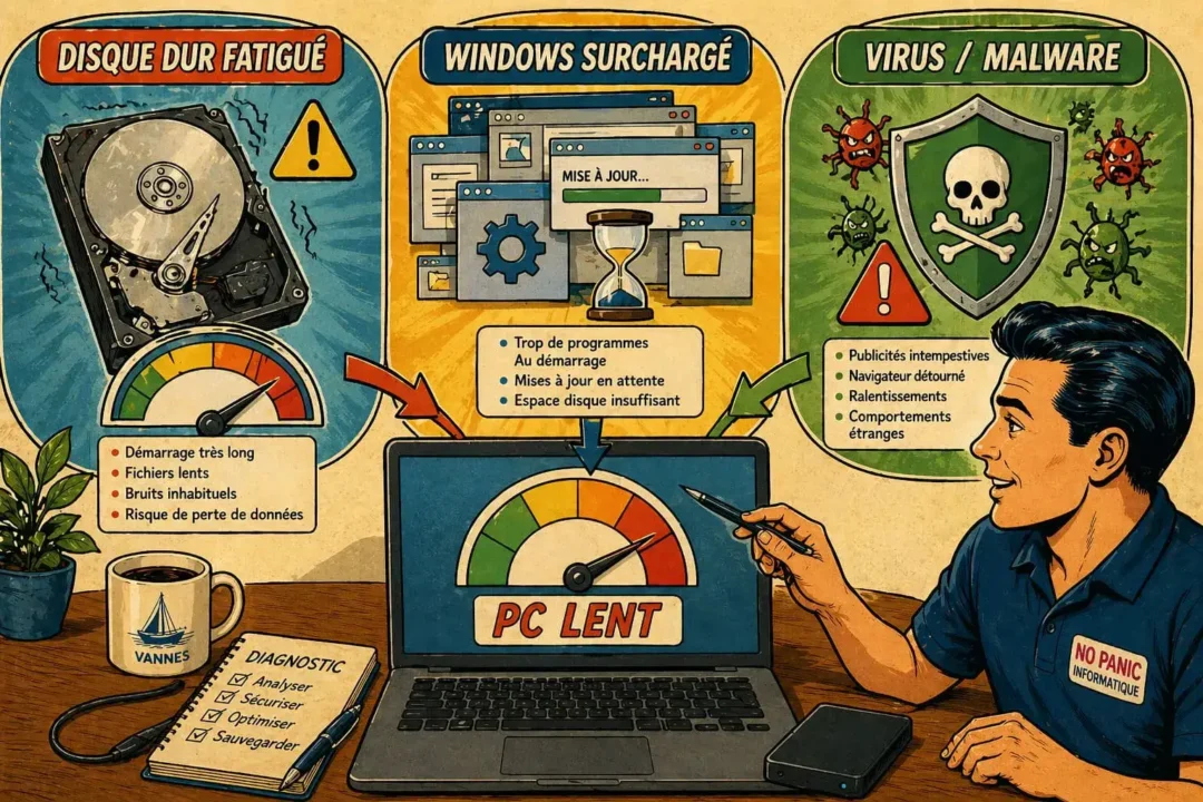 Causes fréquentes d’un ordinateur lent : disque dur fatigué, Windows surchargé et virus informatique.