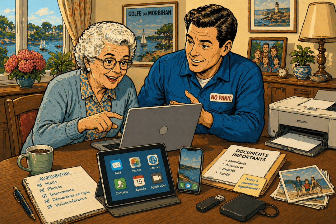 Cours informatique à domicile pour senior à Vannes avec ordinateur, tablette, smartphone et imprimante près d’Arradon.