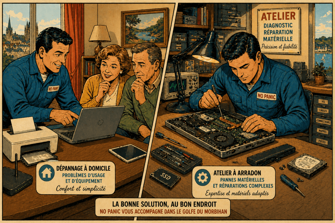 Comparaison entre dépannage informatique à domicile à Vannes et réparation ordinateur en atelier à Arradon.