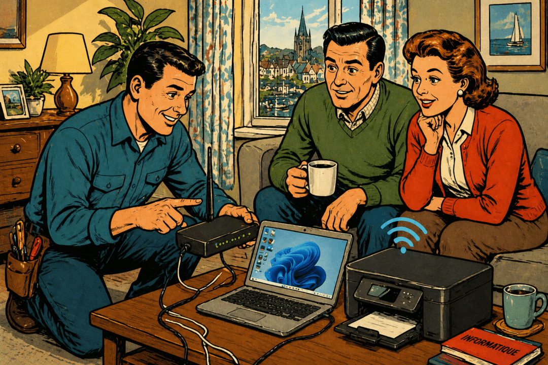 Dépannage informatique à domicile près de Vannes pour une box Internet, une imprimante Wi-Fi et un ordinateur portable.