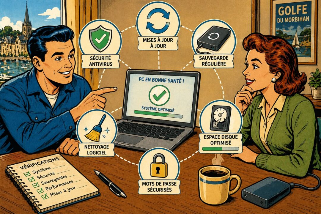 Points clés d’une maintenance informatique : mises à jour, sauvegarde, sécurité, espace disque et nettoyage logiciel.