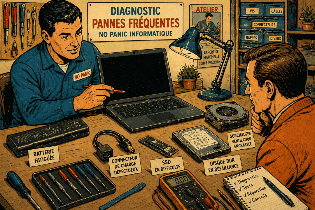 Pannes fréquentes d’ordinateur portable : écran noir, batterie, connecteur, disque dur et surchauffe.