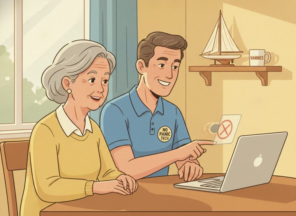 Technicien No Panic qui rassure un client face à un faux support informatique à Vannes