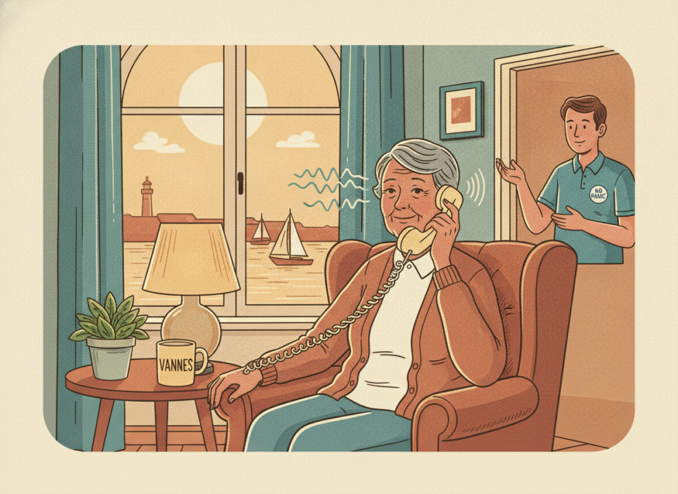 Senior rassuré au téléphone après avoir vérifié un appel suspect, illustration arnaque voix clonée téléphone à Vannes