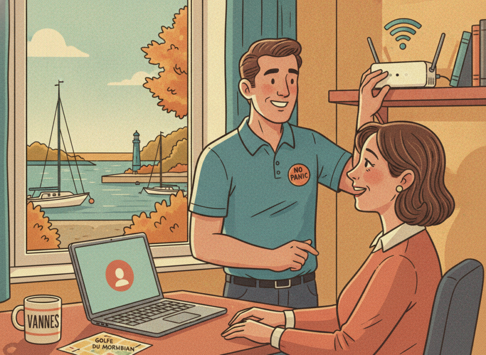Technicien No Panic réglant une box wifi pour le télétravail à Vannes