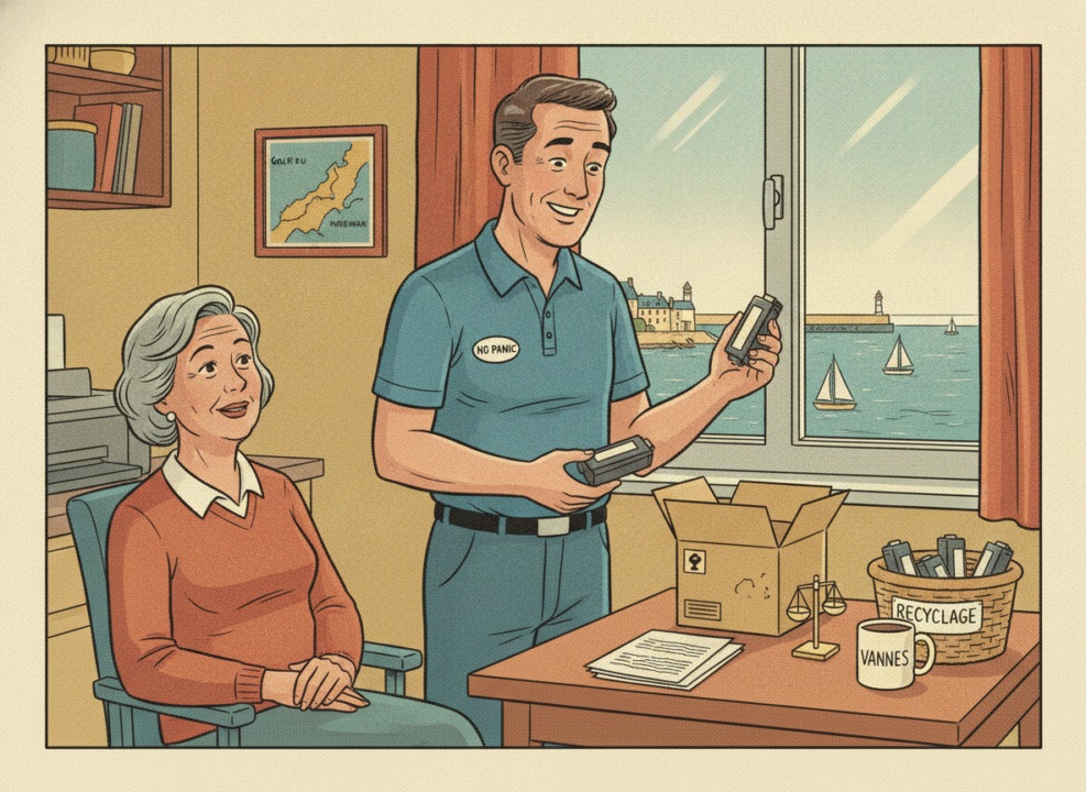 Technicien No Panic comparant des cartouches d'encre compatibles chez un client à Vannes