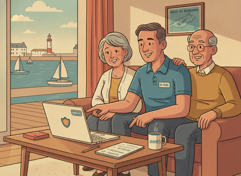 Technicien No Panic sécurisant un PC après la fin de Windows 10 à Vannes pour un couple de seniors