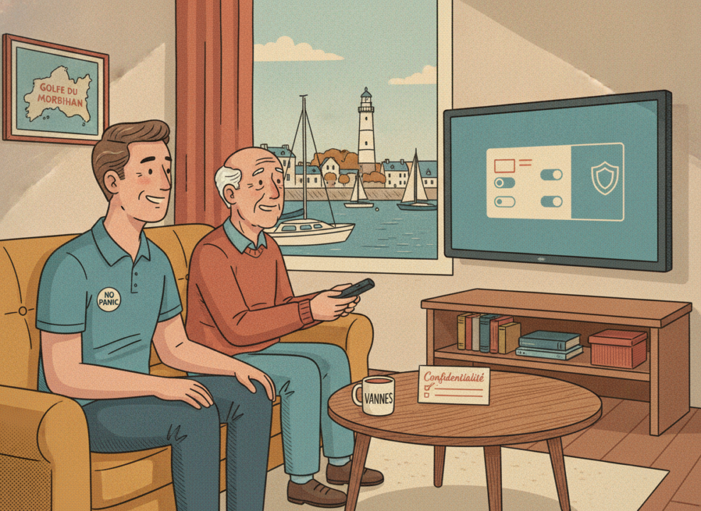 Réglages TV connectée Vannes : technicien No Panic et senior paramétrant la confidentialité d'un téléviseur dans un salon breton