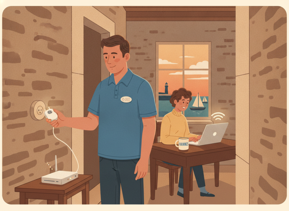 Technicien No Panic installant un boîtier CPL dans une maison en pierre à Vannes pour stabiliser le wifi