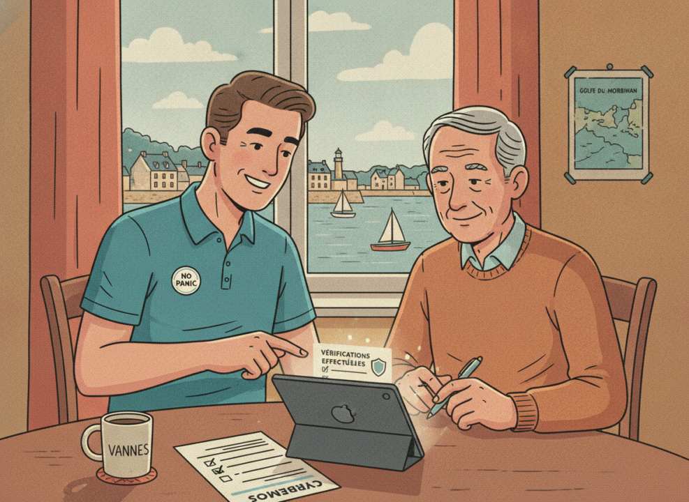 Cybersécurité senior à Vannes : technicien No Panic cochant une check-list avec un senior
